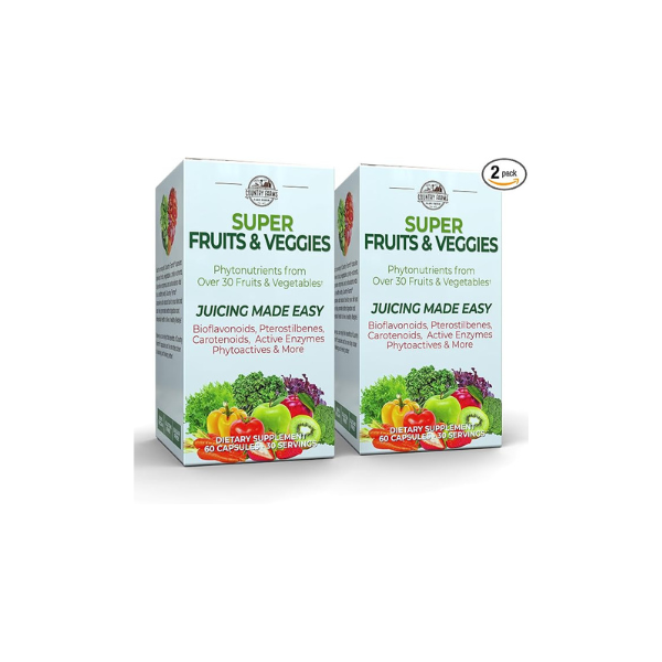 Country Farms Super Fruits and Veggies Capsules, Whole Food Supplement, Powerful Antioxidant, Supports Energy, Immune Health, Boosts Digestive Health, 30 Organic Super Foods, 60 Servings, 2 Pack
