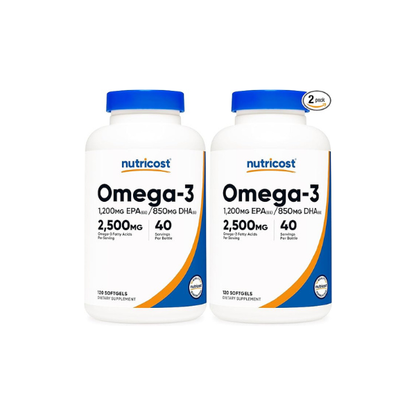 Nutricost Omega 3 Fish Oil - 2500MG, 120 Softgels (40 Serv) - Fish Oil, Wild Caught! 1200mg EPA 850mg DHA - Non-GMO, Gluten Free (Pack of 2)