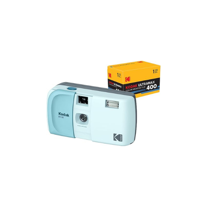 KODAK EC35 35mm Film Camera 35mm, Reusable, Focus-Free, Built-in Flash, Slide Cover, Beginner Friendly (Powder Blue) Bundle with Kodak Ultramax 400/24EXP 35mm Roll Film