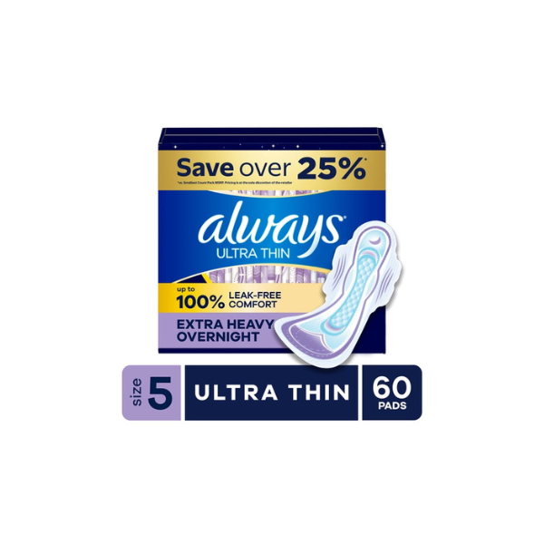 Always Ultra Thin Pads with Wings, Size 5, Extra Heavy Overnight Absorbency, 60 Count
