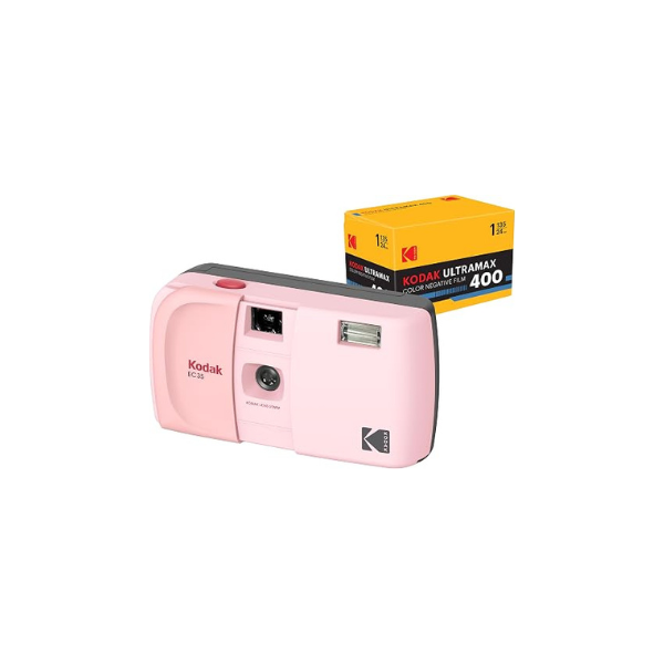 KODAK EC35 35mm Film Camera 35mm, Reusable, Focus-Free, Built-in Flash, Slide Cover, Beginner Friendly (Blush Pink) Bundle with Kodak Ultramax 400/24EXP 35mm Roll Film