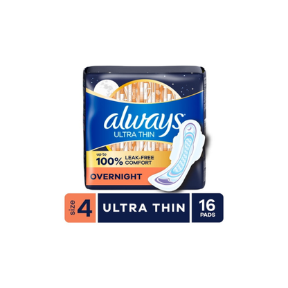 Always Ultra Thin Overnight Pads with Wings, Size 4, Overnight, 16 Count