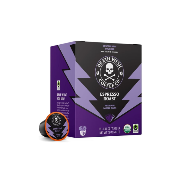 Death Wish Coffee Co., Organic and Fair Trade, Single Serve Coffee Pods, Espresso Roast, 18 Count