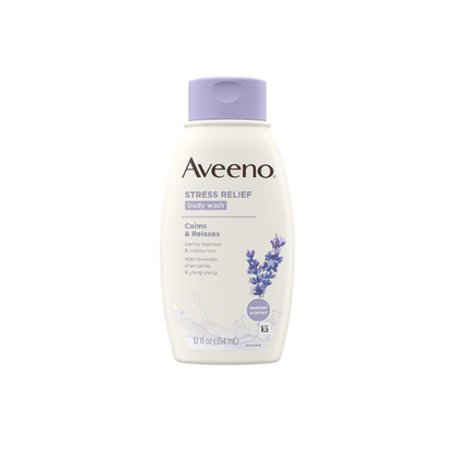 Aveeno Stress Relief Body Wash with Soothing Oat, Lavender, Chamomile & Ylang-Ylang Essential Oils, Dye- & Soap-Free Calming Body Wash for Shower Gentle on Sensitive Skin, 12 fl. oz