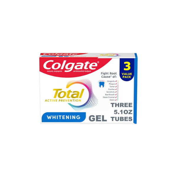 Colgate Total Active Prevention Whitening Gel Toothpaste, Mint, 3 Pack, 5.1 oz