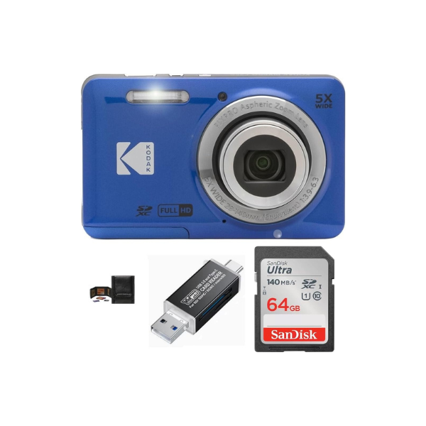KODAK PIXPRO FZ55 Digital Camera Bundle, Includes: SanDisk 64GB SDXC Memory Card, SD Card Reader Compatible with Computers and Smartphones and Memory Card Wallet (4 Items) (Blue)