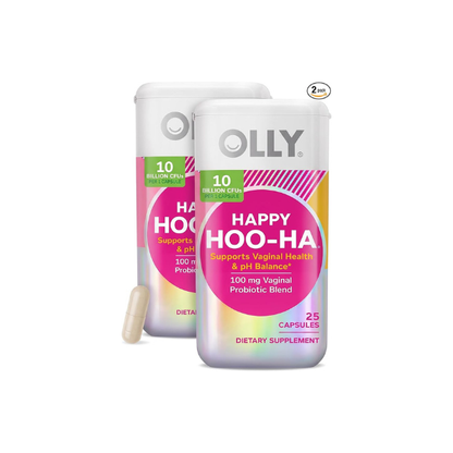 OLLY Happy Hoo-Ha Capsules, Probiotics for Women or People wth Vaginas, Vaginal Health and pH Balance, * 10 Billion CFU, Gluten Free, 25 Count (Pack of 2)