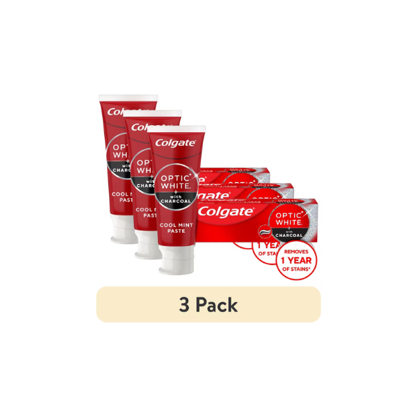 (3 pack) Colgate Optic White with Charcoal Teeth Whitening Toothpaste, Anticavity Toothpaste with Fluoride, Cool Mint Flavor, 3.8 oz