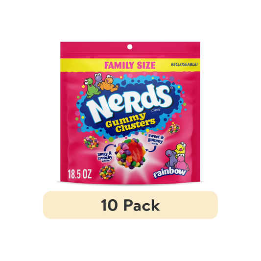 (10 pack) NERDS Gummy Clusters, Candy, Rainbow, Crunchy and Gummy, 18.5 oz Bag