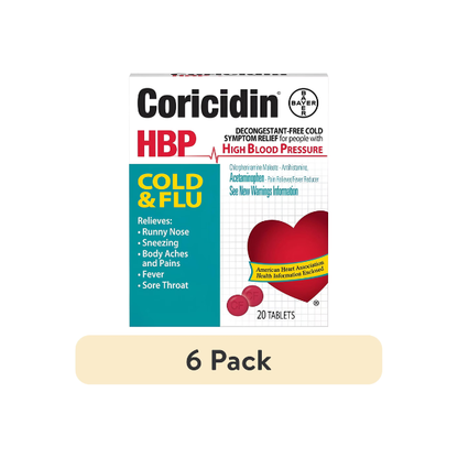 (6 pack) Coricidin HBP Multi-Symptom Cold & Flu Relief Tablets, for High Blood Pressure, 20 Count