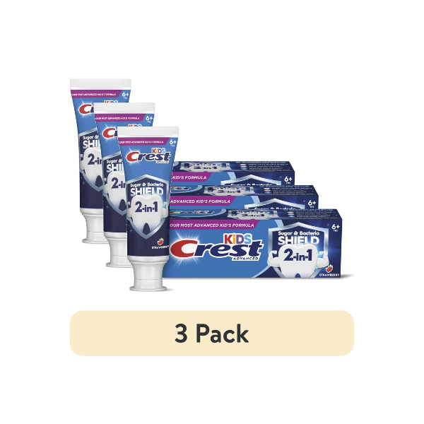(3 pack) Crest Toothpaste, Kids Sugar Bacteria Shield Fluoride Toothpaste, Strawberry Flavor, 4.1 oz, Ages 6+