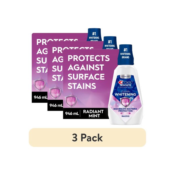 (3 pack) Crest Mouthwash 3D White Clean Whitening, Breath Protection, Alcohol-Free, Radiant Mint Flavor, 32 fl oz