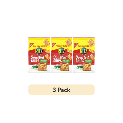 (3 pack) RITZ Toasted Chips Sour Cream and Onion Crackers, Party Snacks, Family Size, 11.4 oz