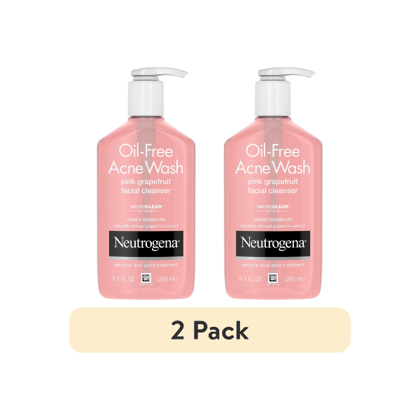(2 pack) Neutrogena Oil-Free Pink Grapefruit Acne Face Wash, Salicylic Acid Facial Cleanser, 9.1 fl oz