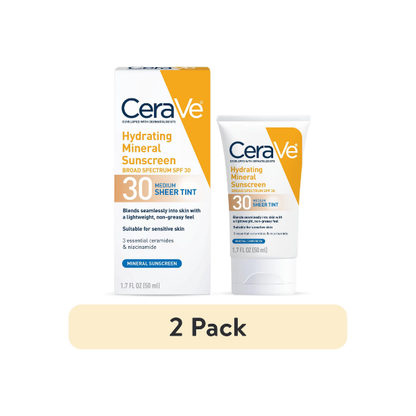 (2 pack) CeraVe Sunscreen Tinted Hydrating 100% Mineral Broad-Spectrum Lotion SPF 30 for Face with Sheer Tint