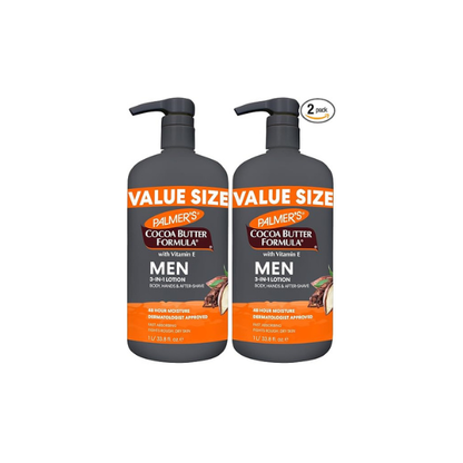 Palmer's Cocoa Butter Formula Men's Face Moisturizer&Body Lotion for Dry Skin,33.8oz,3-in-1Fast Absorbing Lotion for Men,48Hr Hydration with Vitamin E,Soothes Dryness,Dermatologist Approved(Pack of 2)