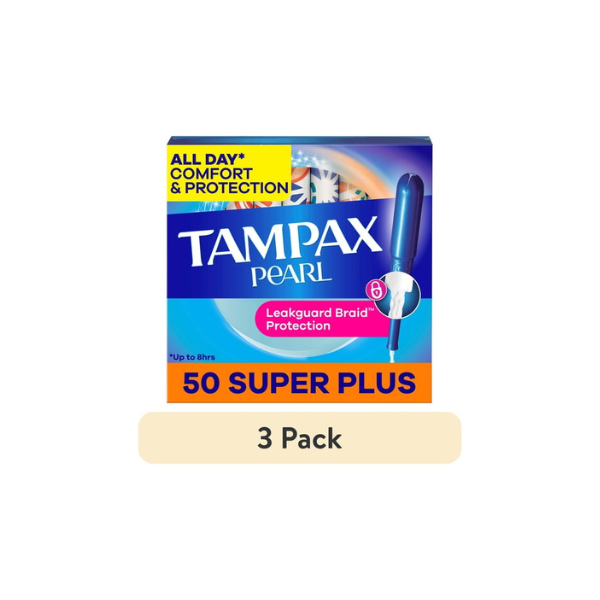 (3 pack) Tampax Pearl Tampons with LeakGuard Braid, Super Plus Absorbency, 50 Count