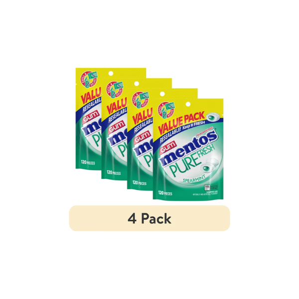 (4 pack) Mentos Pure Fresh Spearmint Sugarfree Gum Extra Value Pack, Regular Size, 120 Count