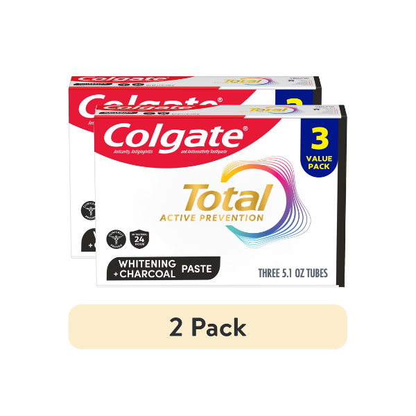 (2 pack) Colgate Total Active Prevention Whitening and Charcoal Toothpaste, Mint, 3 Pack, 5.1 oz