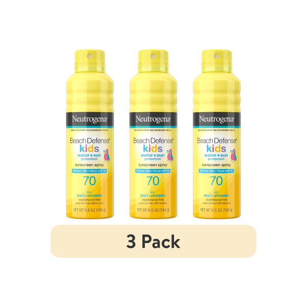 (3 pack) Neutrogena Beach Defense SPF 70 Kids Sunscreen Spray, Beach Essentials Body Sun Care, 6.5 oz