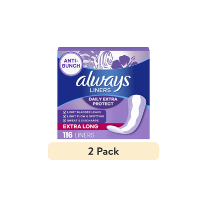 (2 pack) Always Anti-Bunch Xtra Protection Daily Liners, Extra Long, Unscented, 116 CT