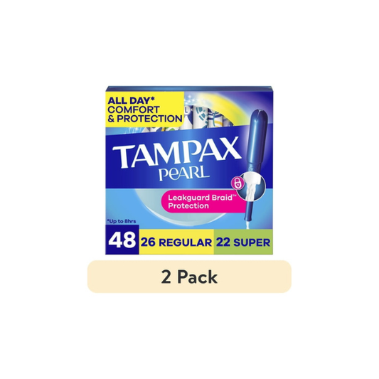 (2 pack) Tampax Pearl Tampons Multipack, with LeakGuard Braid, Regular/Super Absorbency, Unscented, 48 Count