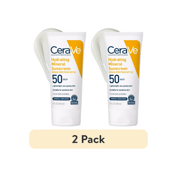 (2 pack) CeraVe Hydrating Mineral Sunscreen SPF 50 for Sensitive Skin, Kids & Adults Body Lotion 5 fl oz