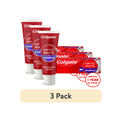 (3 pack) Colgate Optic White Purple Teeth Whitening Toothpaste with Fluoride, Fresh Mint Flavor, 3.8 oz