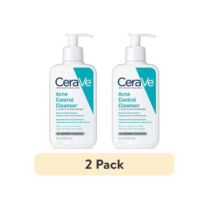 (2 pack) CeraVe Skin Care Acne Control Face Cleanser with 2% Salicylic Acid Clears Acne Blackheads Pores