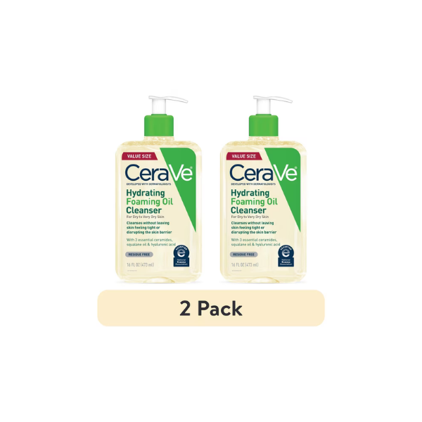 (2 pack) CeraVe Facial Cleanser Foaming Oil for Dry to Very Dry Skin with Hyaluronic Acid Ceramides 16 fl oz