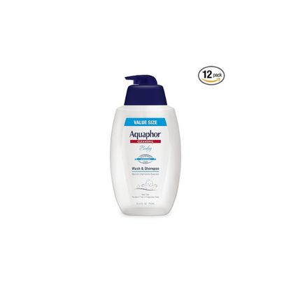 Aquaphor Baby Wash and Shampoo, Unscented Baby Shampoo and Wash, 25.4 Fl Oz Pump Bottle (Pack of 12)