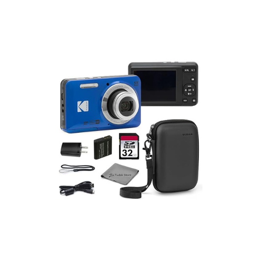 Kodak PIXPRO FZ55 Blue 16MP CMOS Sensor Digital Camera 5X Optical Zoom 28mm Wide Angle 1080P Full HD Video 2.7" LCD Vlogging Camera Bundle with Tudak Compatible Case, 32GB SD Card & Microfiber Cloth