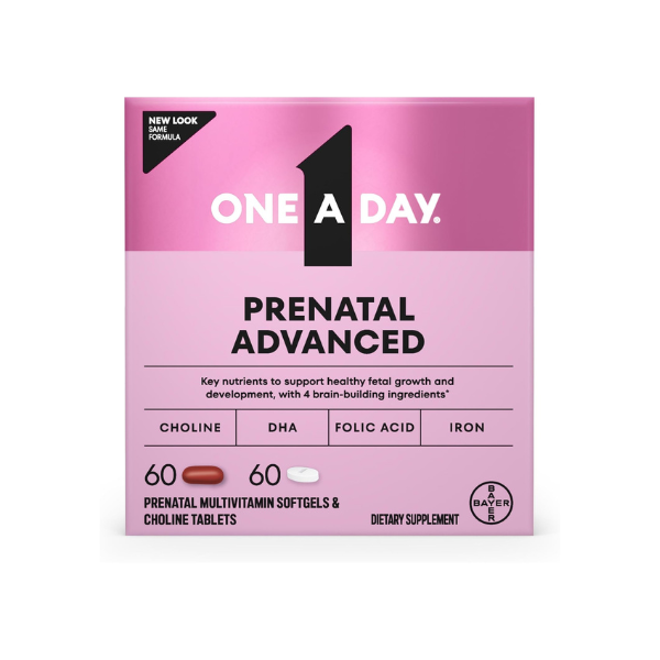 One A Day Prenatal Advanced- Prenatal Vitamins with Folic Acid, Choline, DHA & Iron, Pregnancy Vitamins for Women to Support Baby’s Development, 60+60 Ct (120 Total Set) (Packaging May Vary)