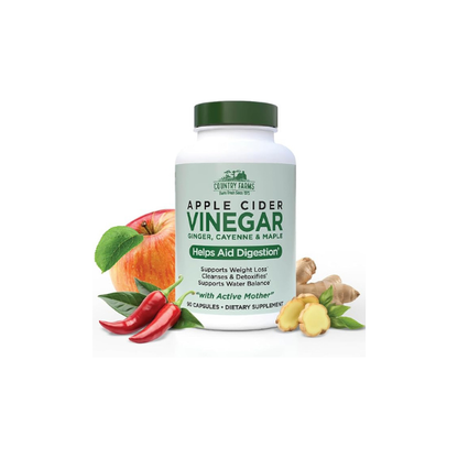 Country Farms Apple Cider Vinegar Capsules, with Ginger, Cayenne and Maple, Helps Aid Digestion, Supports Healthy Weight Loss, Cleanses and Detoxifies, Supports Water Balance, 90 Count, 90 Servings