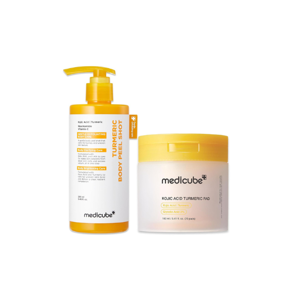 medicube Body Smoothing & Clarifying Duo: Turmeric Body Peel Shot & Kojic Acid Toner Pads | Gentle Body Exfoliation & Texture Care