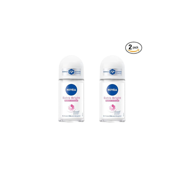 NIVEA Extra Bright 8 Super Food Vitamin C Collagen Booster Underarm Roll-On Deodorant, Alcohol-Free, 72HR Odor Protection, Smooth & Bright Skin, 50ml, 1.69oz, Pack of 2