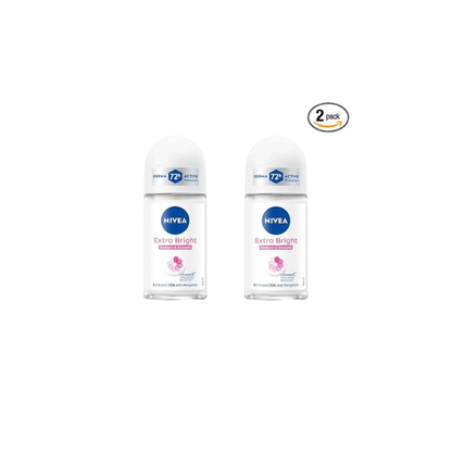 NIVEA Extra Bright 8 Super Food Vitamin C Collagen Booster Underarm Roll-On Deodorant, Alcohol-Free, 72HR Odor Protection, Smooth & Bright Skin, 50ml, 1.69oz, Pack of 2