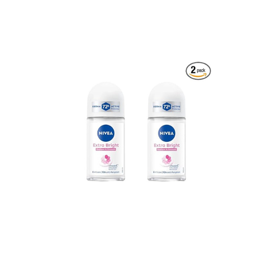 NIVEA Extra Bright 8 Super Food Vitamin C Collagen Booster Underarm Roll-On Deodorant, Alcohol-Free, 72HR Odor Protection, Smooth & Bright Skin, 50ml, 1.69oz, Pack of 2