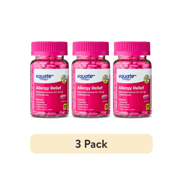 (3 pack) Equate Allergy Relief Diphenhydramine HCl 25 mg Antihistamine Tablets, 365 Count, Compare to Benadryl Allergy Ultra tab Active Ingredient
