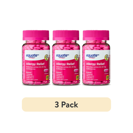 (3 pack) Equate Allergy Relief Diphenhydramine HCl 25 mg Antihistamine Tablets, 365 Count, Compare to Benadryl Allergy Ultra tab Active Ingredient