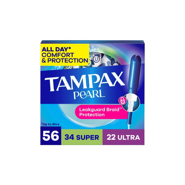 Tampax Pearl Tampons Multipack, with LeakGuard Braid, Super/Ultra Absorbency, Unscented, 56 Count