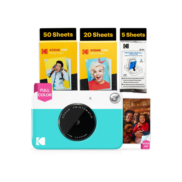 Kodak Printomatic Full-Color Instant Print Digital Camera - 75 Sheets Bundle - Prints On Zink 2x3 Sticky-Back Photo Paper - 5MP, Portable, Creative Fun Gift for Birthday, Christmas, Holiday - Blue