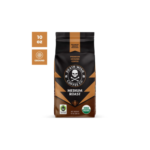 Death Wish Coffee Co., Organic and Fair Trade, Ground Coffee, Medium Roast, 10 oz