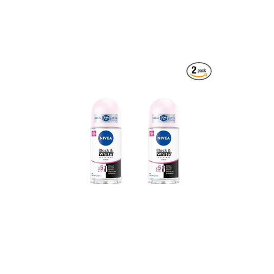 Nivea Black & White Invisible Clear Roll-On Deodorant 72h 25ml | Long-Lasting Freshness | Anti-Stain Formula | For All Day Protection Against Sweat, Odor & Yellow or White Marks on Clothes | 2-Pack