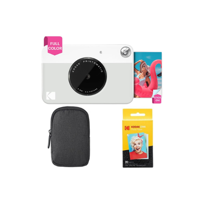 KODAK Printomatic Full-Color Instant Print Camera Starter Bundle + Carrying Case + Zink 20pk Photo Paper - Colorful Photos On 2x3 Sticky-Back Paper - Fun Gift for Birthday Christmas Holiday - Grey
