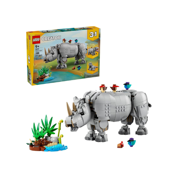 LEGO Creator 3 in 1 Wild Animals: Majestic Rhino with Birds Building Toys for Kids - Safari Pretend Play Toys for Girls & Boys, Ages 9+ - Gift for Birthdays - 31171