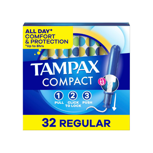 Tampax Compact Pearl Tampons for Women, with LeakGuard Braid & Extendable Applicator, Regular Absorbency, Compact Extendable Applicator, Unscented, 32 Count