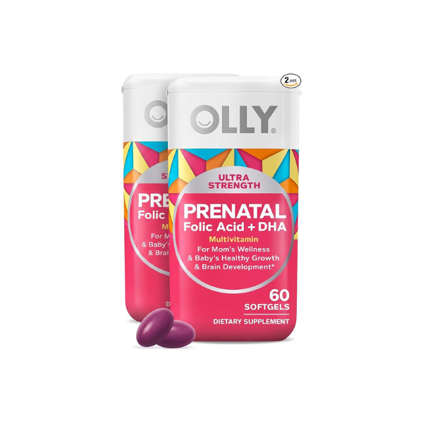 OLLY Ultra Strength Prenatal Multivitamin Softgels, Supports Healthy Growth, Brain Development, Iron, Folic Acid, DHA, Vitamins C, E, 30 Day Supply-60 Count (Pack of 2)