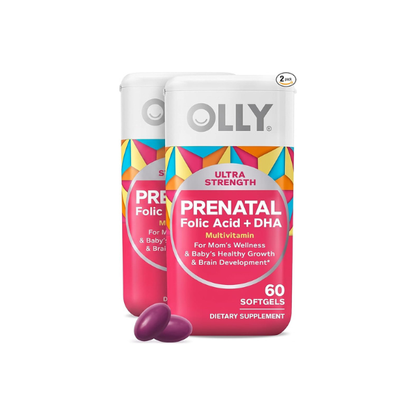 OLLY Ultra Strength Prenatal Multivitamin Softgels, Supports Healthy Growth, Brain Development, Iron, Folic Acid, DHA, Vitamins C, E, 30 Day Supply-60 Count (Pack of 2)