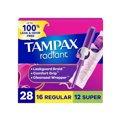 Tampax Radiant Tampons for Women Multipack, with LeakGuard Braid, Regular/Super Absorbency, Unscented, 28 Count, Packaging May Vary